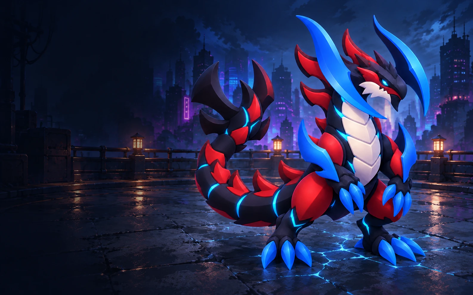 Varkhan, dragon légendaire noir et rouge aux grandes lames bleues, dans une arène urbaine nocturne